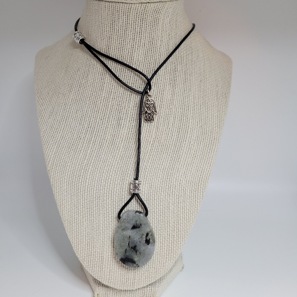 Labradorite Crystal Women's Lariat Necklace Hamsa Charm Clasp Free Handmade